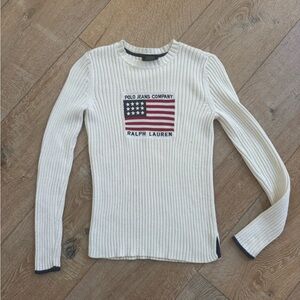Ralph Lauren White Ribbed Sweater with Flag